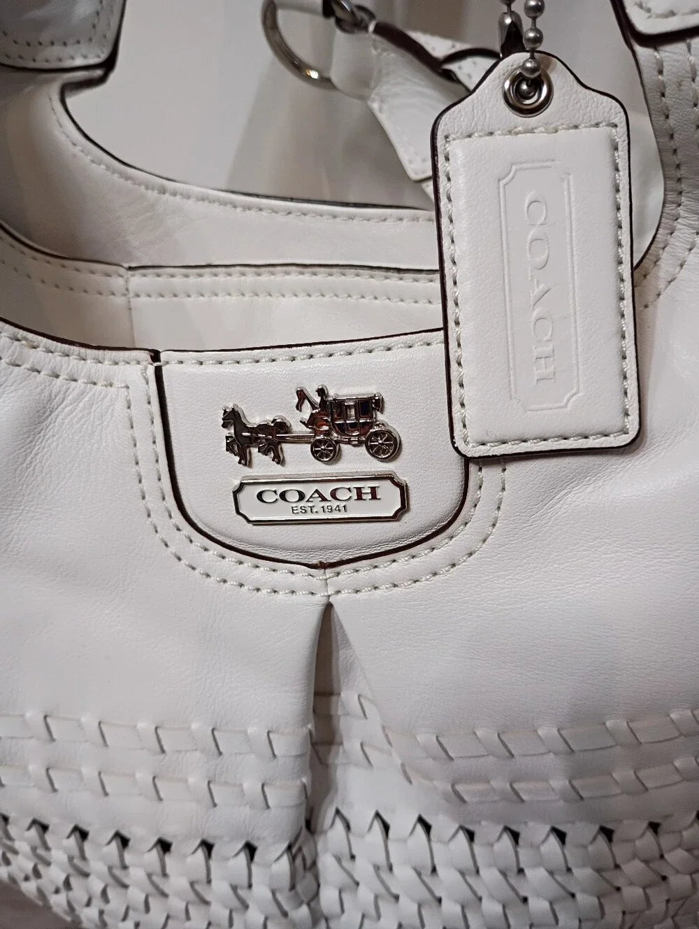 Coach Classic‎ Madison Maggie White Woven Leather Zip Top Hobo Shoulder Handbag